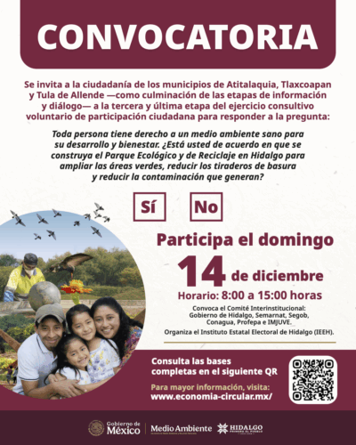 “Convocatoria oficial para la consulta ciudadana del 14 de diciembre sobre el Parque Ecológico y de Reciclaje de Hidalgo.”
