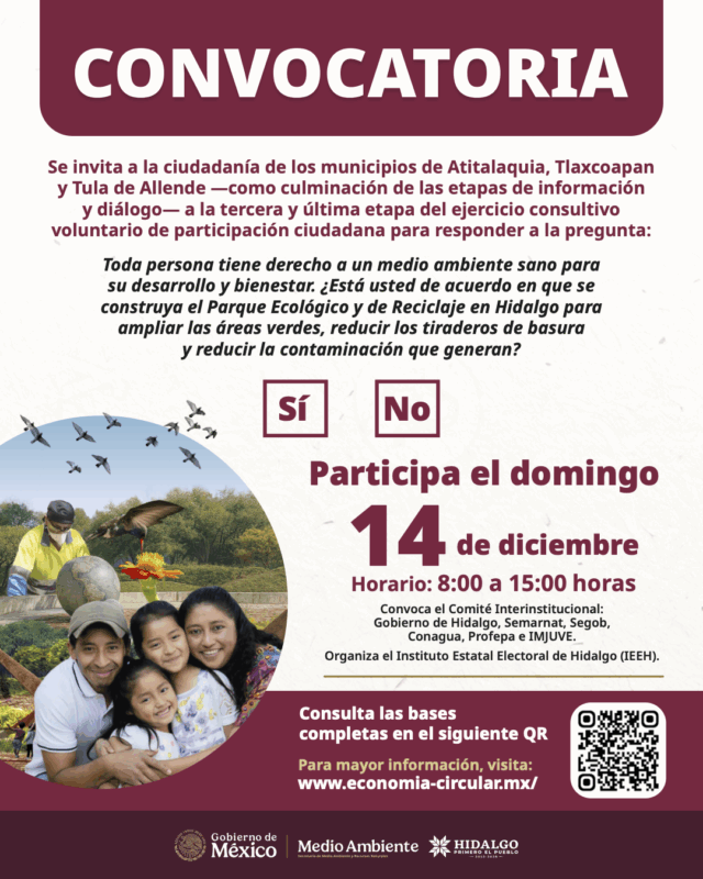 “Convocatoria oficial para la consulta ciudadana del 14 de diciembre sobre el Parque Ecológico y de Reciclaje de Hidalgo.”