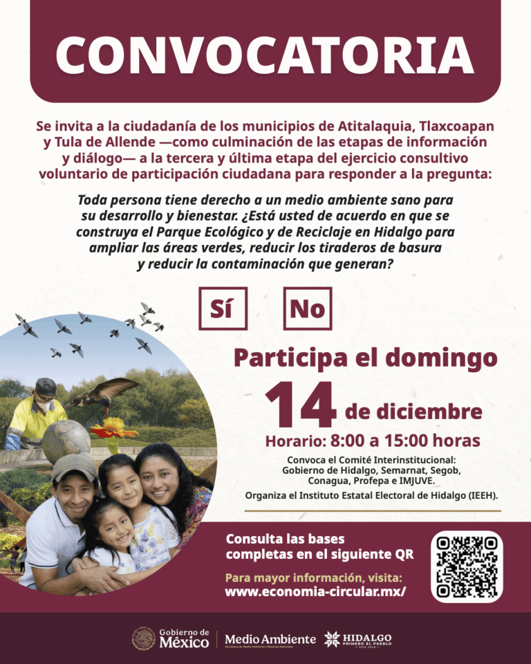 “Convocatoria oficial para la consulta ciudadana del 14 de diciembre sobre el Parque Ecológico y de Reciclaje de Hidalgo.”